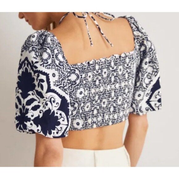 Boden LINEN Halter Neck Cut Out Crop Top Navy Blue WHITE tile Floral Coastal 10 - Picture 4 of 5